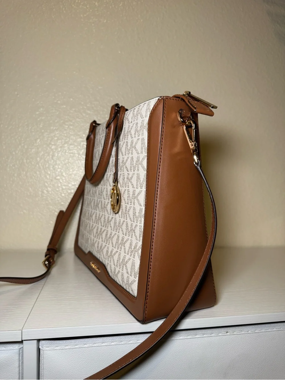 Michael Kors Brown and White Signature MK Satchel
